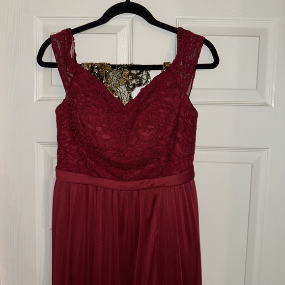 NWT Azazie Bridesmaids Dress Slit Chiffon Floral Lace Burgundy Red Wedding Guest - Picture 3 of 11